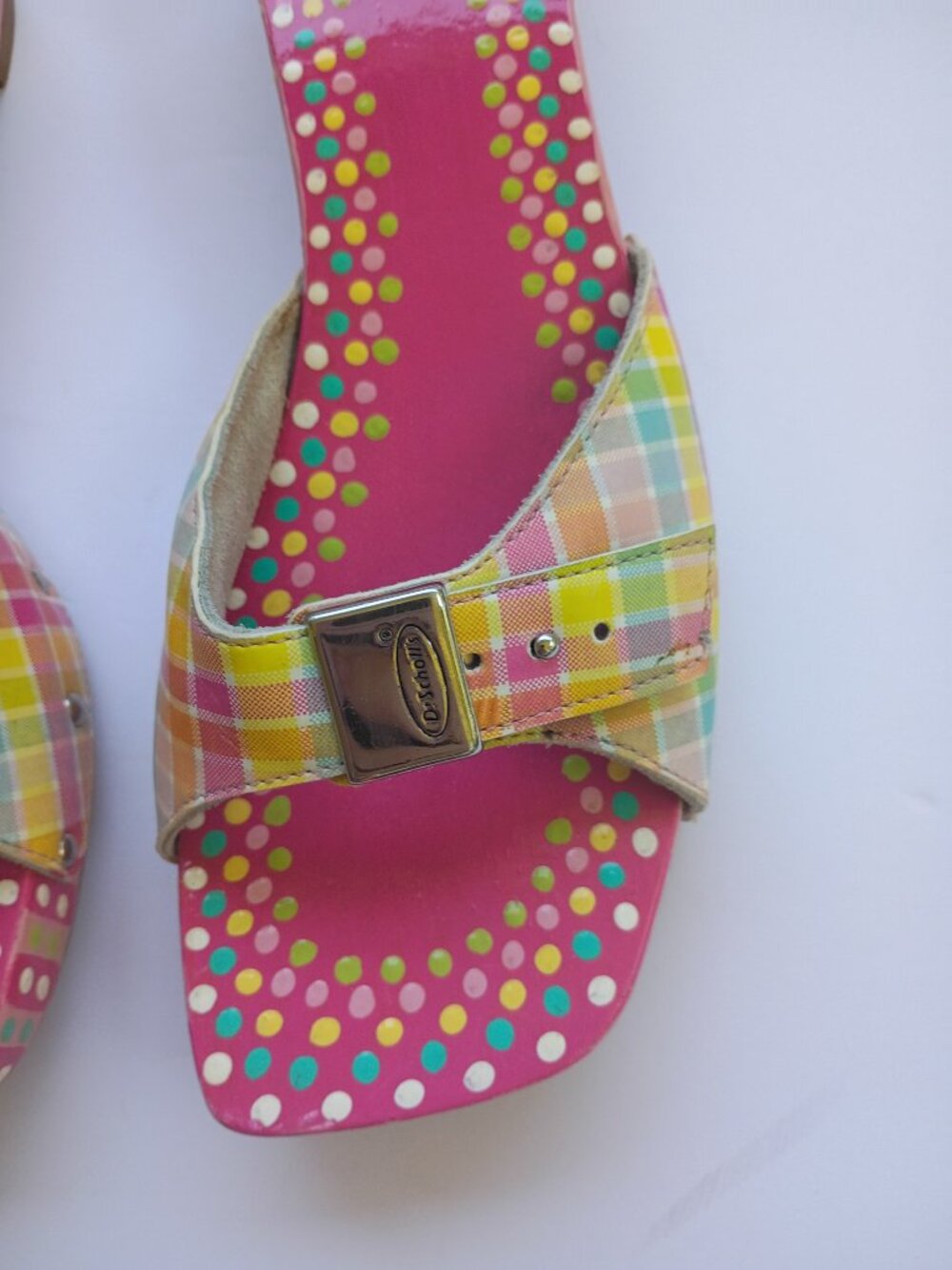 VINTAGE Painted Dr Scholl’s Original Wood Sandals Art Hand Painted Dots Size 7 - Picture 3 of 8